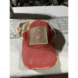 Judith March Hat One Size Patch Cross Distressed Denim Mesh Back Trucker